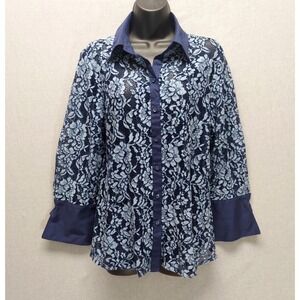 Mishca Lace Blouse L Navy Sheer Floral Button Shirt Boho‎ Lightweight Romantic